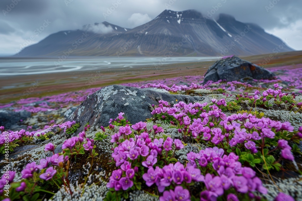 Fototapeta premium Purple Saxifrage on the tundra of Svalbard Norway