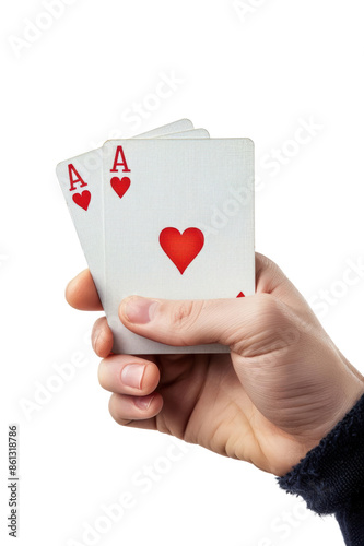 A hand holding two aces of hearts, a winning hand in many card games. isolate on white background