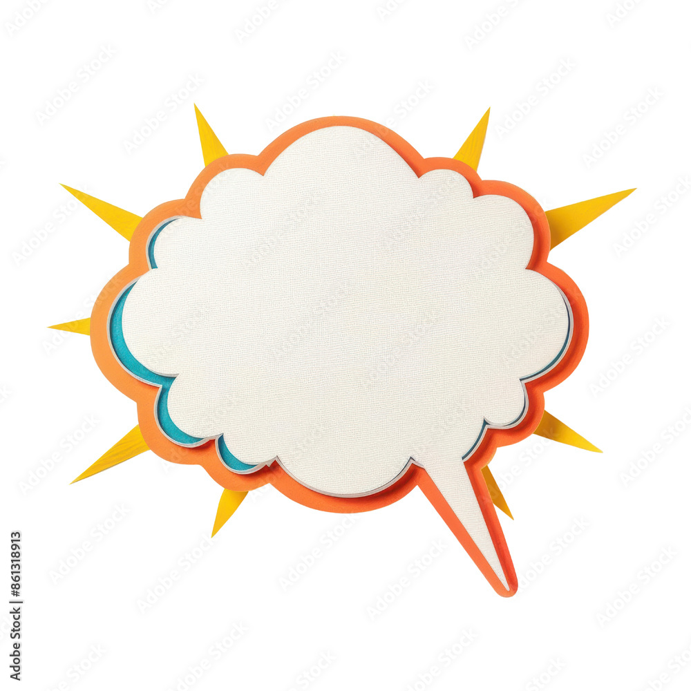 A colorful cartoon speech bubble with a white interior and a yellow, orange, and blue border. The bubble has a pointed shape with a tail for text. isolate on white background A colorful cartoon speech bubble with a white interior and a yellow, orange, and blue border. The bubble has a pointed shape with a tail for text. isolate on white background