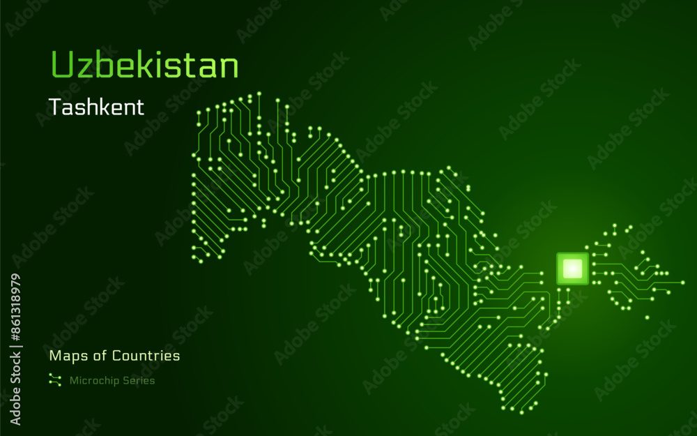 Naklejka premium A vector map of Uzbekistan created from a microchip pattern, with the capital Tashkent depicted as a microchip