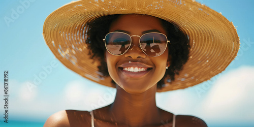 Happy black mixed race woman wearing sunglasses and straw hat on beach vacation. Female with sun protection on summer holiday photo