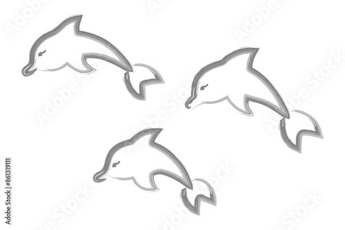 Three dolphins. Sketch. Vector illustration. Hand drawn watercolor drawing. Outline on a white isolated background. Collection of marine mammals. An ocean dweller with fins and a tail. Coloring book.