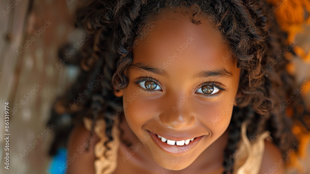 Young African girl, high angle view, with strands of long curly hair, big eyes and very friendly smile. Young African girl, high angle view, with strands of long curly hair, big eyes and very friendly smile.