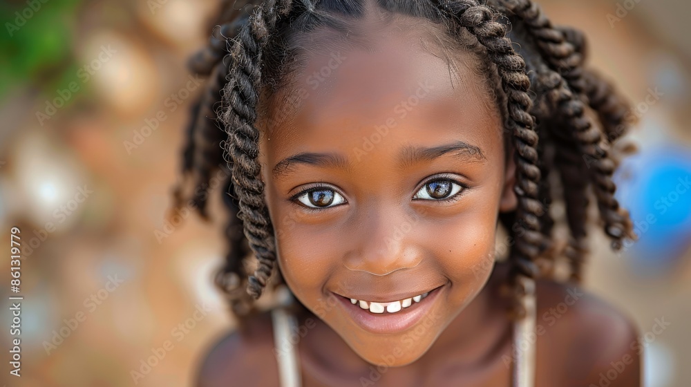 Young African girl, with strands of long curly hair, big eyes and very friendly smile. Young African girl, with strands of long curly hair, big eyes and very friendly smile.