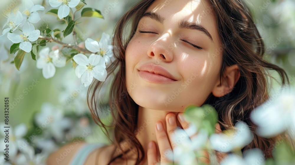 A young woman enjoying a serene moment with her eyes closed, surrounded by blooming white flowers and lush green foliage., capturing tranquility and natural beauty. A young woman enjoying a serene moment with her eyes closed, surrounded by blooming white flowers and lush green foliage., capturing tranquility and natural beauty.