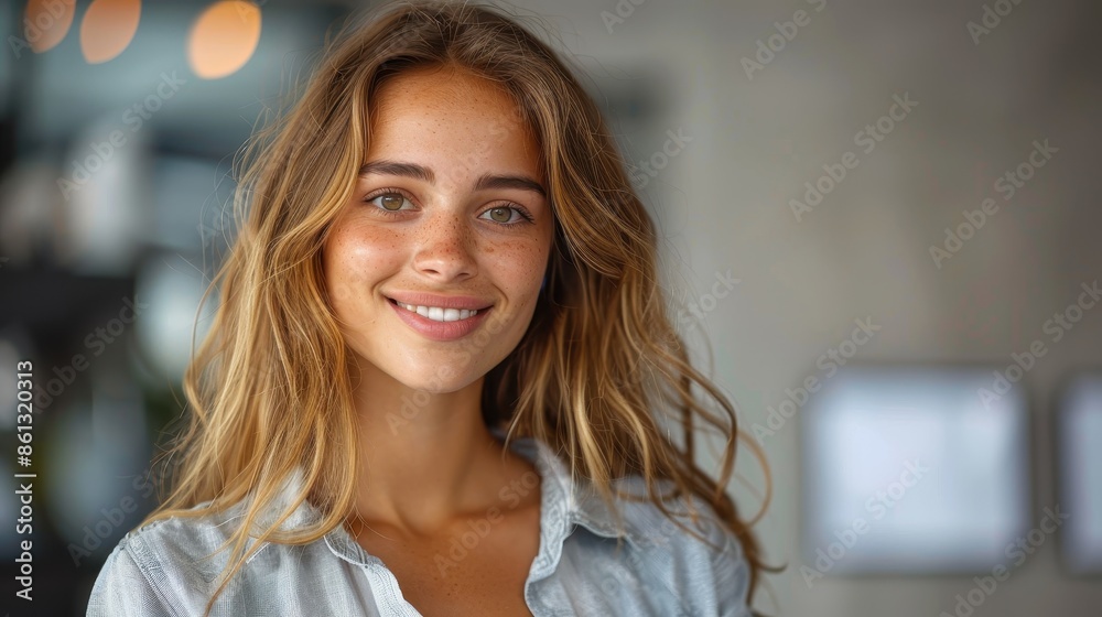 A young woman with long hair smiles warmly at the camera, standing indoors with a blurred background, suggesting a cozy and welcoming environment. A young woman with long hair smiles warmly at the camera, standing indoors with a blurred background, suggesting a cozy and welcoming environment.