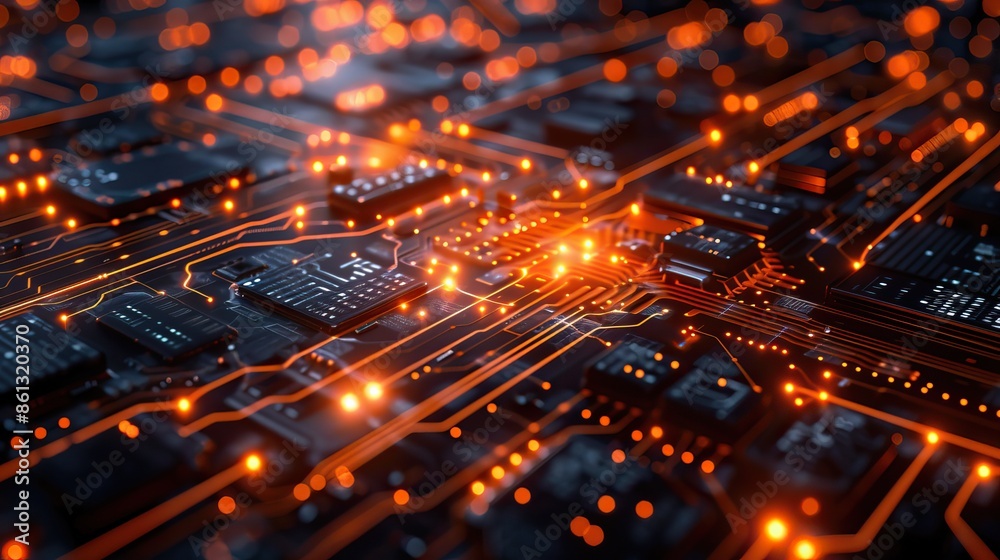 Close-up of a circuit board with glowing elements and intricate electronic components in orange and blue Close-up of a circuit board with glowing elements and intricate electronic components in orange and blue