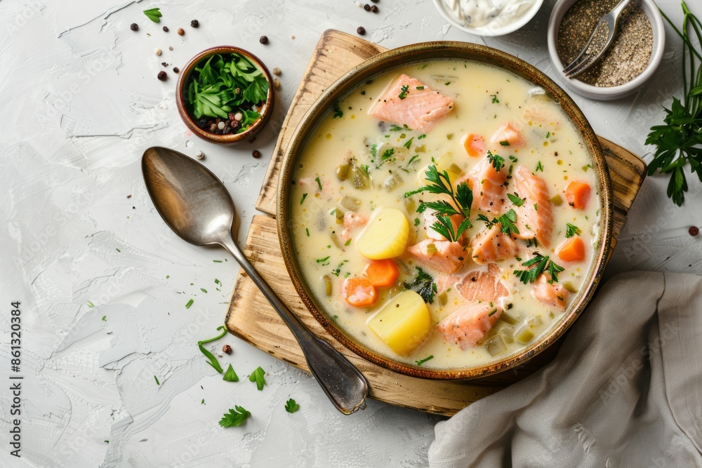 Salmon soup with potatoes, carrot, cream. Scandinavian/Norwegian fish soup in bowl, cutting board, spoon, rustic white concrete background. Space for text. Salmon soup for dinner. Top view. Close-up