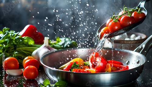 Tasty fresh ingredients and frying pan on kitchen background