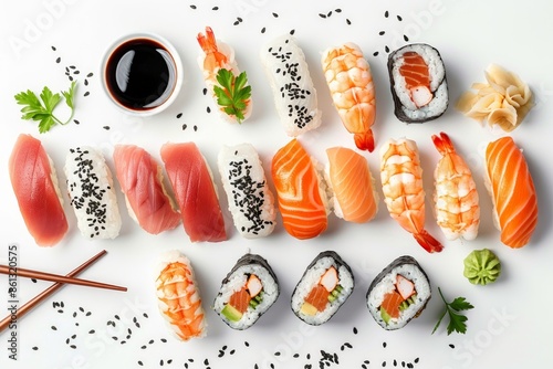 Set of different sushi with salmon, tuna and shrimp, soy sauce and chopsticks over white background, top view. Traditional Japanese sushi concept, close-up, flat lay.