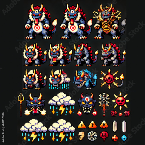 A sprite sheet in pixel art style for a Japanese RPG featuring thunder beast icons photo