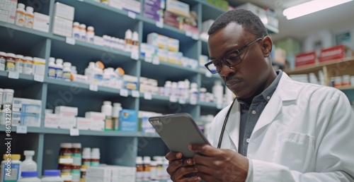 Focused black male pharmacist reviewing medical information in a pharmacy photo