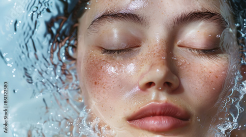Aesthetic young woman face with closed eyes and splashing water, moisturizing concept, beauty advertising. Generative AI