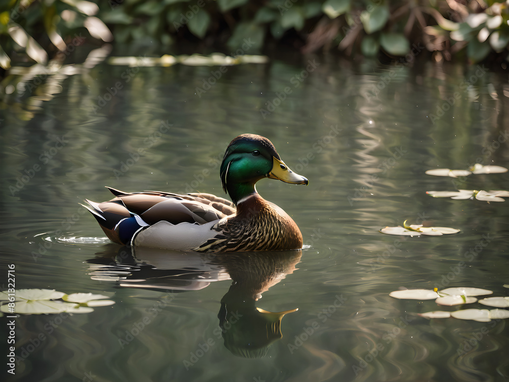 Fototapeta premium Create a visually stunning photo that captures the serene beauty of a duck in its natural habitat. 