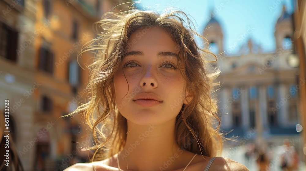 An elegant young woman stands in a sunny urban setting with a serene and calm expression, her wavy hair softly blending with the bright backdrop of historic buildings. An elegant young woman stands in a sunny urban setting with a serene and calm expression, her wavy hair softly blending with the bright backdrop of historic buildings.