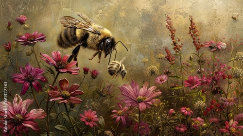 A bee busily collects pollen from a vibrant flower, its fuzzy body covered in golden grains