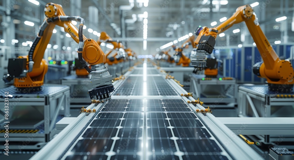Automated robotic arms assembling solar panels on a production line in a modern factory