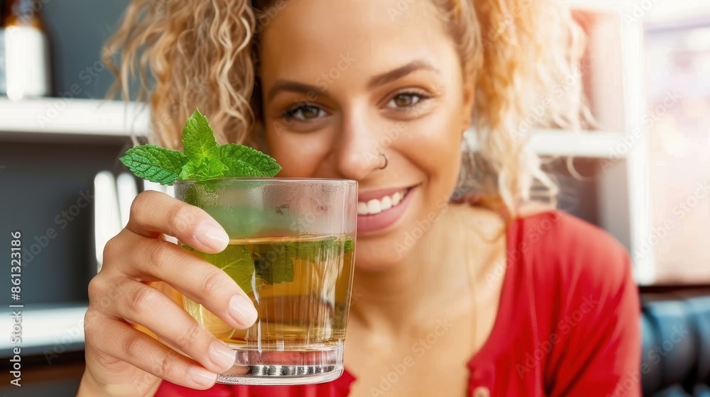 A happy young woman with curly hair holding a refreshing cocktail drink garnished with mint leaves, wearing a red top, and sitting in a cozy and inviting bar setting. A happy young woman with curly hair holding a refreshing cocktail drink garnished with mint leaves, wearing a red top, and sitting in a cozy and inviting bar setting.