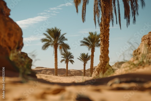 A serene beach scene with white sand and palm trees in the background. A calm ocean with gentle swells stretches into the distance. Concept for summer vacation or travel advertising.