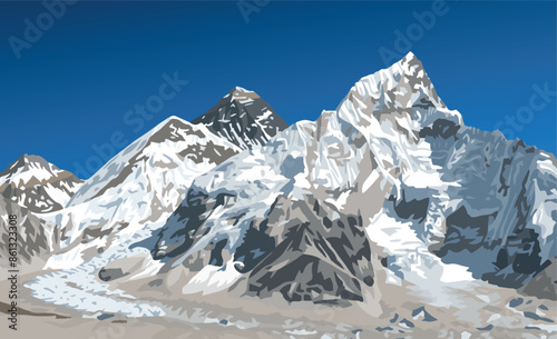 mount Everest mountain top and Nuptse from Nepal side as seen from Kala Patthar peak, vector illustration, Mt Everest 8,848 m summit, Khumbu valley, Sagarmatha national park, Nepal Himalaya mountain