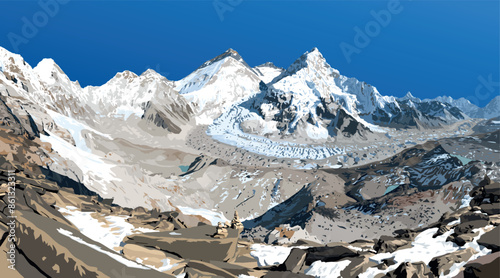 mount Everest Lhotse and Nuptse from Nepal side as seen from Pumori base camp, vector illustration, Mt Everest 8,848 m, Khumbu valley, Sagarmatha national park, Nepal Himalayas mountains