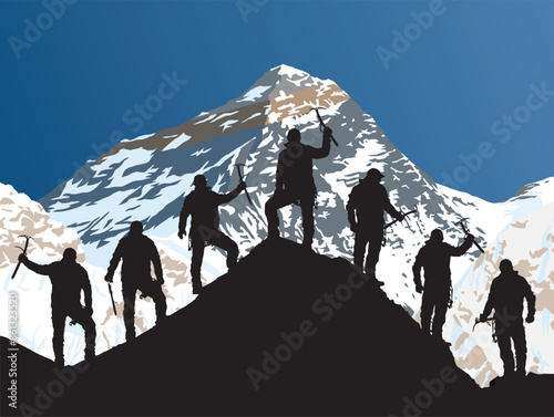 silhouette of seven climbers with ice axe in hand on top of Mount Everest silhouette, mountain vector illustration logo