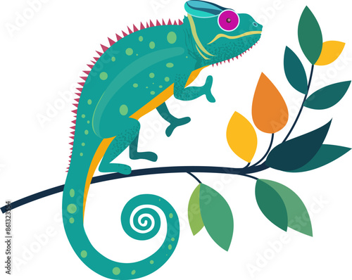 Chameleon vector. Animal reptiles and lizards of jungle forests in flat design illustration. Fauna of South Africa. Colorful chameleon for icons, posters, books illustrating. Isolated on white