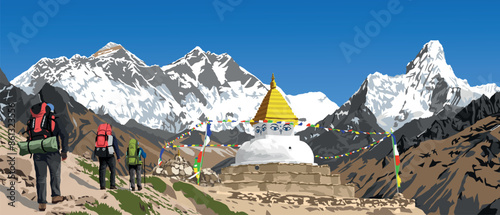 Three tourists on the way to Mount Everest base camp and buddhist stupa with prayer flags, Mounts Everest, Ama Dablam and Lhotse as seen from Khumbu valley, vector illustration, Nepal Himalayas