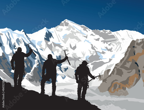 vector illustration of mount Cho Oyu and black silhouette of three climbers with ice axe in hand, Nepal Himalayas mountains