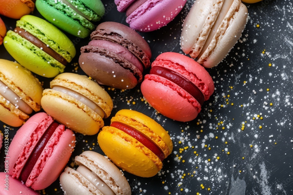 Macro photo macarons desserts on black table. Rainbow French pastries close up top view. Flat lay. Colorful assorted baked goods for children and adults. Kitchen, baking classes, advertising banner. Macro photo macarons desserts on black table. Rainbow French pastries close up top view. Flat lay. Colorful assorted baked goods for children and adults. Kitchen, baking classes, advertising banner.