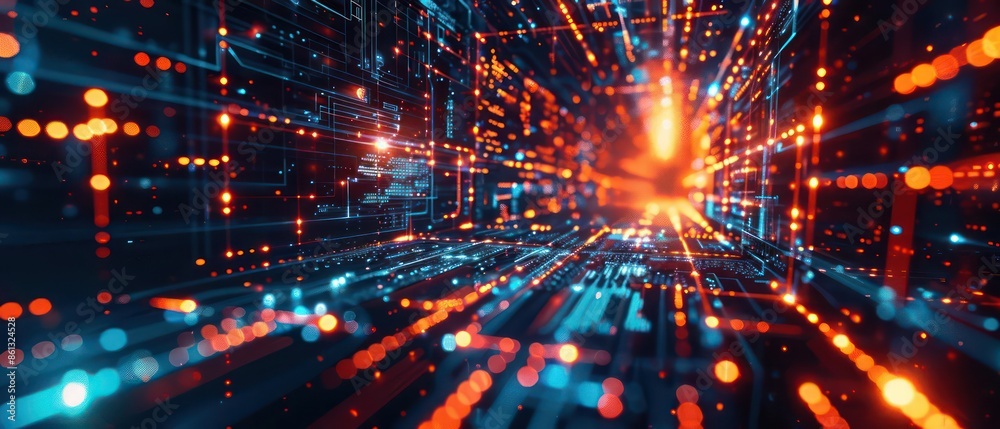 Closeup of a futuristic supercomputers digital core, glowing with advanced data streams and ample copy space