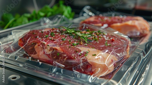 Raw veal calf brisket beef set,with ingredients for smoking making barbecue, pastrami, cure, vacuum sealed ready for sous vide cooking, on old dark wooden table background, with copy space for text photo