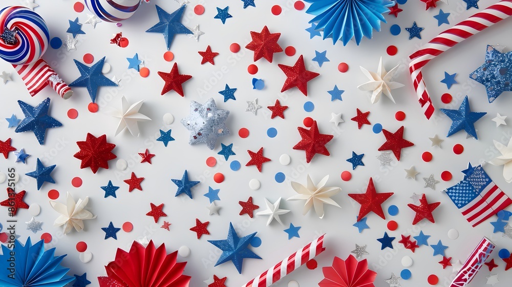 Fototapeta premium Festive Fourth of July background adorned with red, white, and blue decorations, including stars and stripes