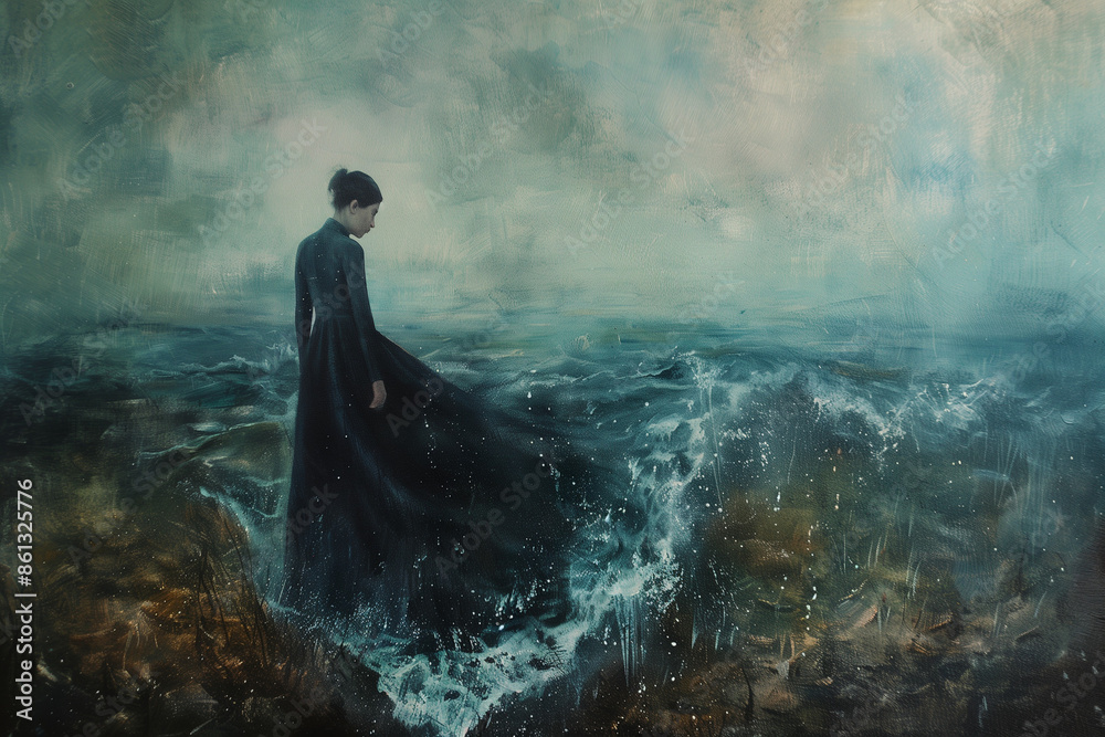 Obraz premium Painting of a woman in a black dress standing at the edge of a turbulent sea, evoking emotion and solitude