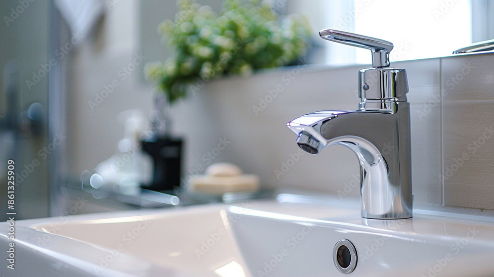Close-up of a clean, white sink with a shiny faucet Close-up of a clean, white sink with a shiny faucet