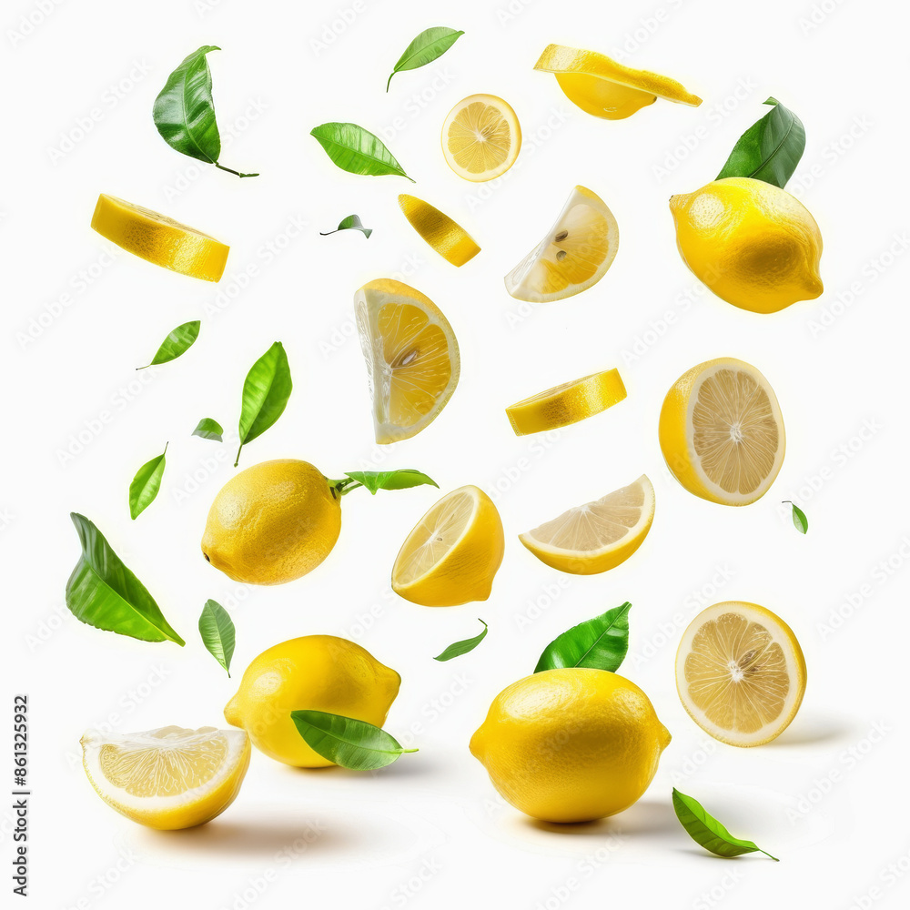 A creative set featuring fresh raw whole and cut lemons with green leaves, suspended in the air against a white background. This high-resolution image captures the concept of food levitation. A creative set featuring fresh raw whole and cut lemons with green leaves, suspended in the air against a white background. This high-resolution image captures the concept of food levitation.