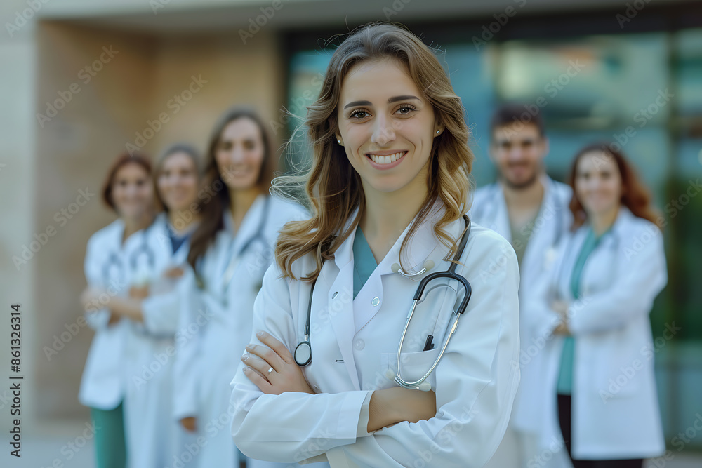 Portrait of happy young nurse in uniform with healthcare team in background. Successful team of doctor and nurses smiling. Beautiful and satisfied healthcare worker in private clinic looking at camera Portrait of happy young nurse in uniform with healthcare team in background. Successful team of doctor and nurses smiling. Beautiful and satisfied healthcare worker in private clinic looking at camera