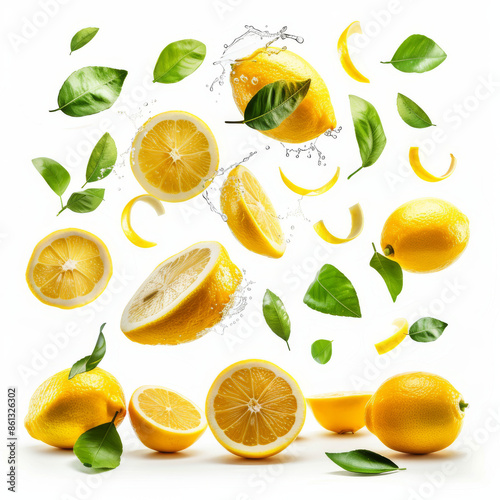 A creative set featuring fresh raw whole and cut lemons with green leaves, suspended in the air against a white background. This high-resolution image captures the concept of food levitation.