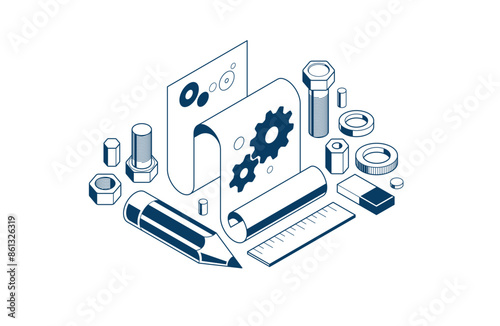 Mechanical engineering project concept, engine draft plan drawing, technical scheme blueprint, paper sheet with gears and pencil 3D isometric vector illustration, repair tutorial.