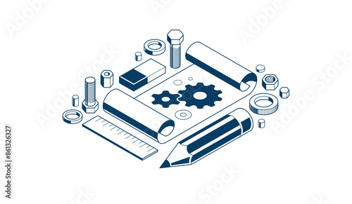 Wallpaper Mural Mechanical engineering project concept, engine draft plan drawing, technical scheme blueprint, paper sheet with gears and pencil 3D isometric vector illustration, repair tutorial. Torontodigital.ca
