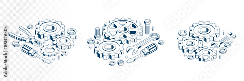 Invention renovation concept set, gears and tools in 3D isometric projection vector illustration, technical theme, cogs and bolts machinery and engine creation.