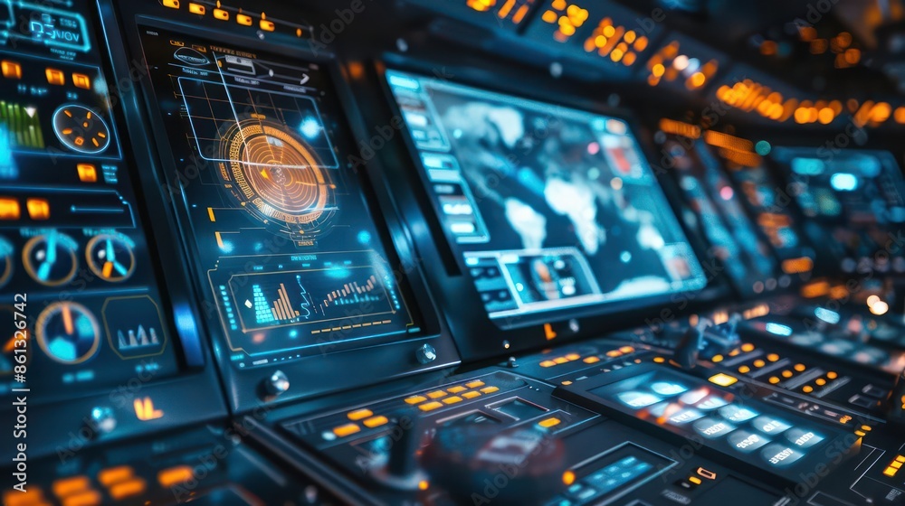 Conceptual digital navigation panel in a space transport control room with clear space for copy Conceptual digital navigation panel in a space transport control room with clear space for copy