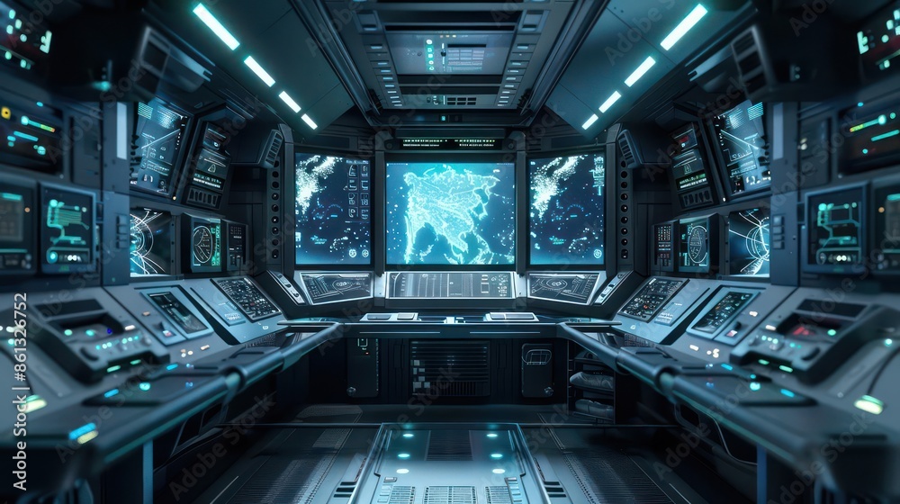 Fototapeta premium Conceptual digital navigation panel in a space transport control room with clear space for copy