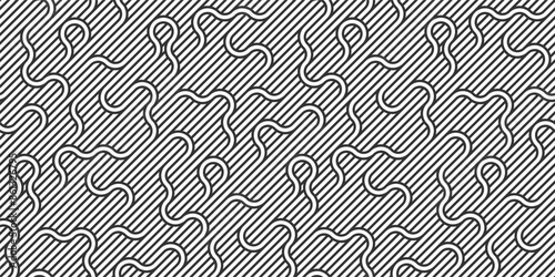 Seamless pattern with twisted lines, vector linear tiling background, stripy weaving, optical maze, twisted stripes. Black and white design.
