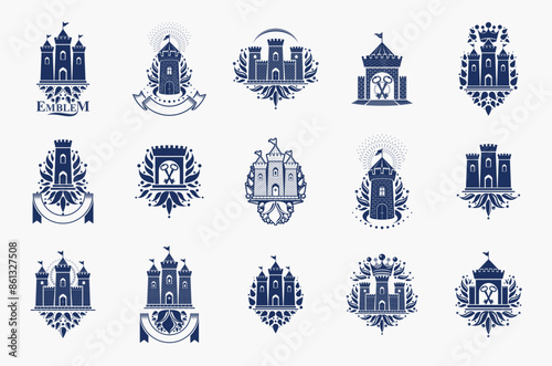 Castles logos big vector set, vintage heraldic fortresses emblems collection, classic style heraldry design elements, ancient forts and citadels.