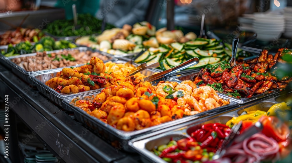 A close-up of a food bar with a variety of fresh ingredients, including shrimp, vegetables, and salad. A close-up of a food bar with a variety of fresh ingredients, including shrimp, vegetables, and salad.
