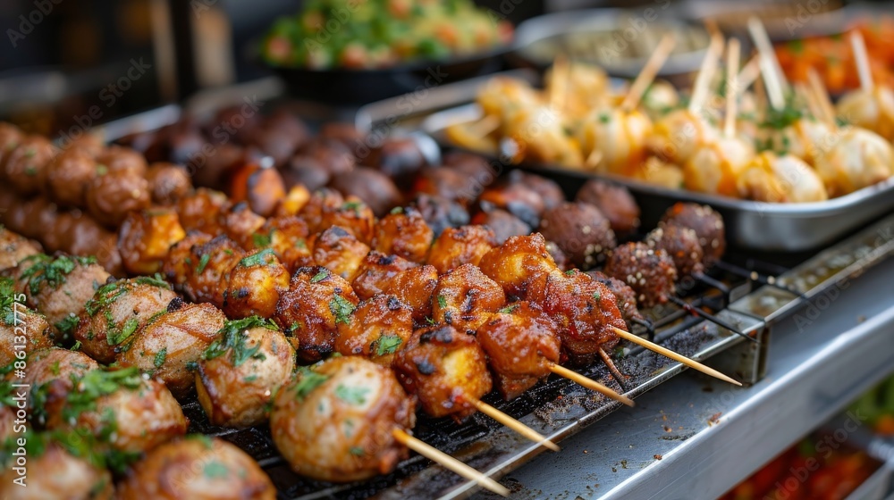 Close-up of grilled meat and vegetables on skewers at a street food market. Close-up of grilled meat and vegetables on skewers at a street food market.