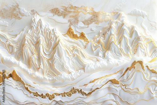 ayered paper art, fluid art,Chinese embroidercraft of a golden-white mountain with pavilions anotrees,gilding,flowing liquid photo