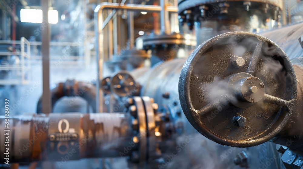 Close-up of a large steel valve with steam escaping, set against the complex network of pipelines in a factory Close-up of a large steel valve with steam escaping, set against the complex network of pipelines in a factory