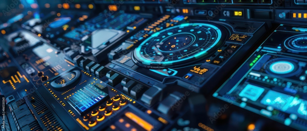 Futuristic space transport command center with advanced digital controls and space for text Futuristic space transport command center with advanced digital controls and space for text